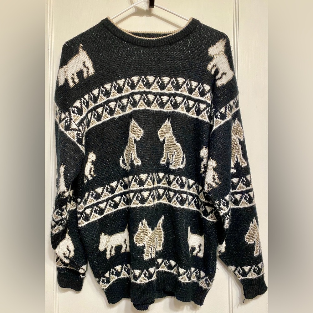 Vintage In Style London Metallic Gold Black White Dog Pattern Christmas Sweater